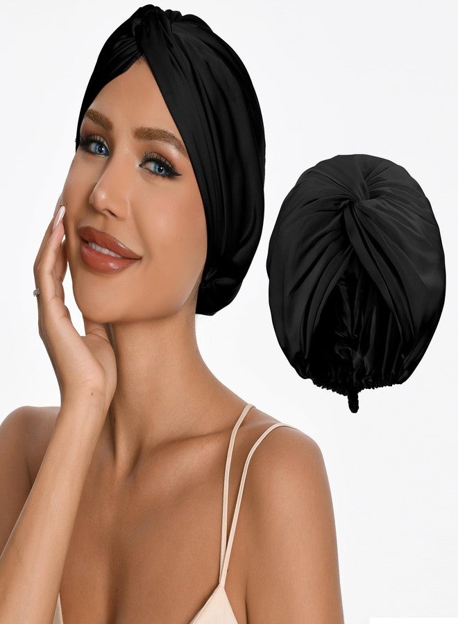 elio Adjustable Silk Satin Hair Bonnet for Sleeping with 5% Mulberry Silk – Double Layer Hair Cap for Women & Men, Extra Smooth Night Cap for Curly, Braided, Natural Hair – Silk Shower Cap (Black) - Image 1